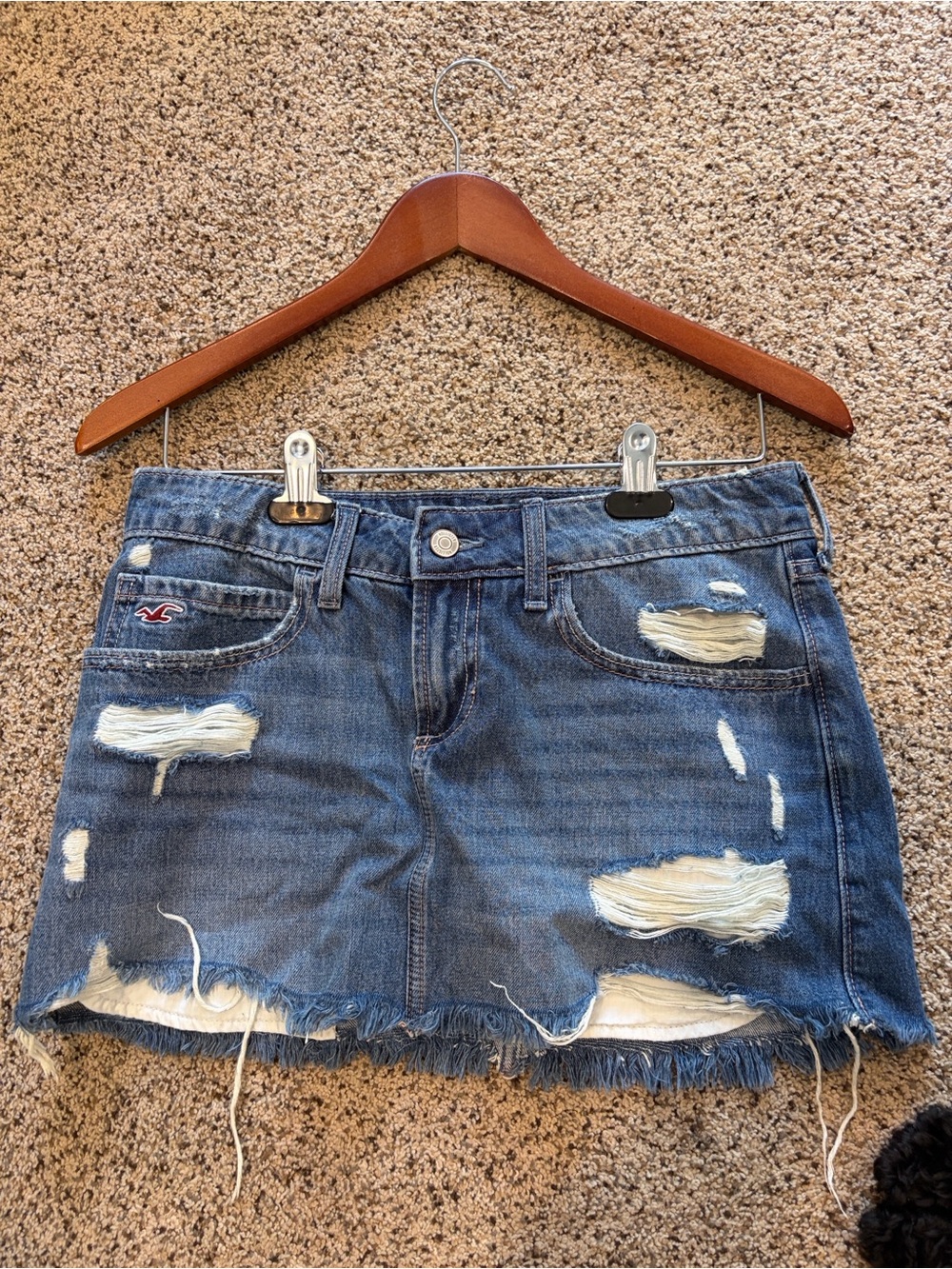 Hollister Distressed Denim Mini Skirt in Blue with Frayed Hem